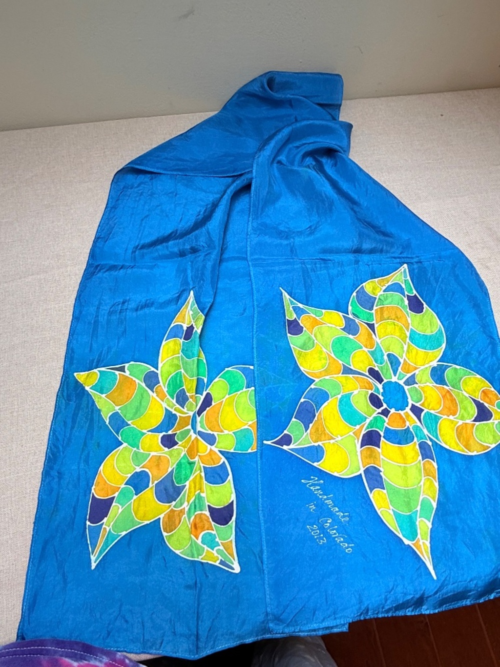 Handmade in Colorado 2013 Painted Blue Silk Scarf - Picture 4 of 8